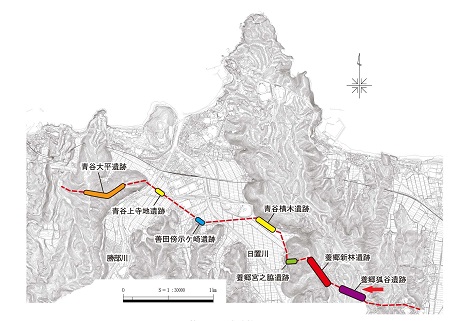 養郷狐谷遺跡の位置が示してある地形図です。青谷平野にある古代山陰道関連遺跡の位置も示してあります。